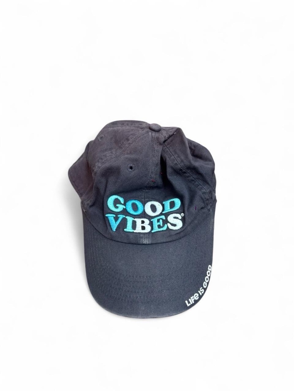 ✨Life is good navy blue baseball cap with blue and white 'GOOD VIBES' text✨